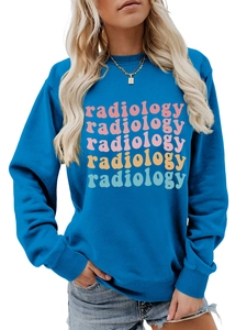 Detail of royal blue radiology sweatshirt showing ribbed cuffs and colorful typography
