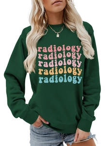 Detailed view of the radiology letter print and ribbed cuffs on the green sweatshirt