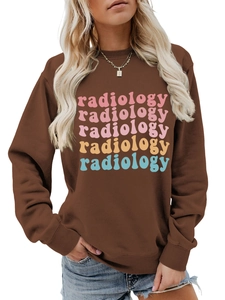 Close-up of Radiology colorful gradient text print on brown long sleeve sweatshirt