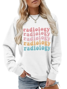 Detailed view of colorful radiology typography on a white crewneck sweatshirt