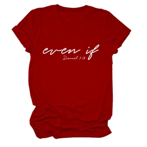 Close-up of red crewneck t-shirt featuring white 'even if' slogan print and rolled cuffs