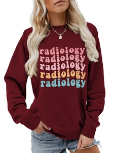 Close-up of burgundy sweatshirt with vintage colorful radiology text print on chest