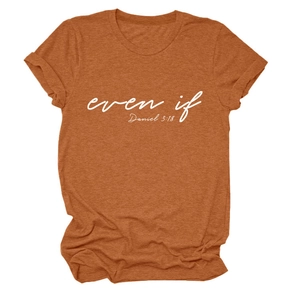 Detail of burnt orange crew neck t-shirt with even if Daniel 3:18 white graphic
