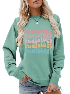 Mint green crewneck sweatshirt with colorful retro radiology text print for women