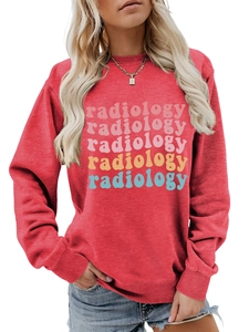 Detail shot of colorful radiology lettering on a red long-sleeved crewneck sweatshirt