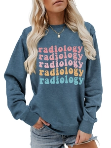Detail of radiology gradient print on a mist blue crewneck sweatshirt for women