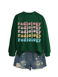 Detail view of radiology colorful gradient text print on dark green crewneck sweatshirt