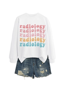 Detail of white radiology crewneck sweatshirt with vintage gradient text and denim shorts
