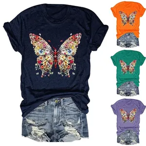 T-Shirt Femme Manches Courtes Col Rond Mélange Coton Imprimé Papillon Floral Coupe Ample Haut Décontracté Été