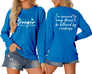 Front and back views of blue crewneck sweatshirt with white inspirational typography