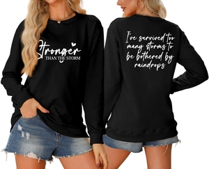 Detailed front and back view of black cotton sweatshirt with white inspirational quotes