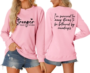 Detailed front and back view of pink crewneck sweatshirt with motivational letter prints