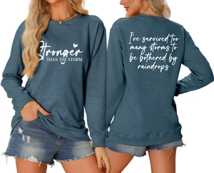 Detailed front and back view of blue grey sweatshirt with inspirational quote prints