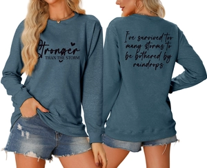 Navy blue crewneck sweatshirt with 'Stronger THAN THE STORM' print on front and back view