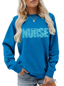 Detail of the navy blue sweatshirt featuring a hollowed nurse stethoscope graphic print