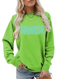 Detail of hollowed NURSE text and stethoscope print on neon green sweatshirt