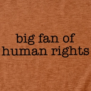 Close-up of burnt orange knit T-shirt with black big fan of human rights text print