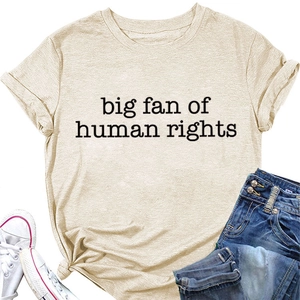 Detailed view of beige crew neck t-shirt with black big fan of human rights print slogan