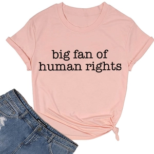 Pink crew neck t-shirt with big fan of human rights slogan and knotted hem detail