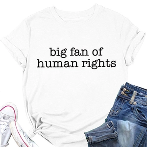 Flat lay of a white crew neck T-shirt with 'big fan of human rights' text and a side knot