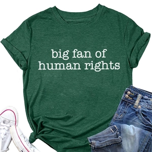 Detail of soft dark green cotton T-shirt featuring big fan of human rights white text print