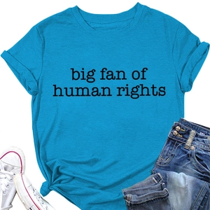Flat lay detail of bright blue cotton t-shirt featuring big fan of human rights print