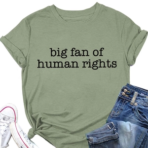 Detail of sage green T-shirt featuring big fan of human rights print and knotted hem