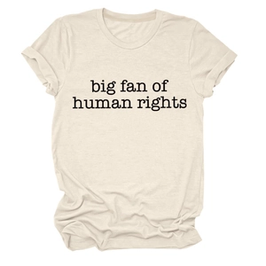Detail of beige crew neck t-shirt with big fan of human rights print and cotton texture