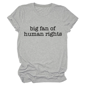 Close-up of human rights slogan printing on gray cotton short sleeve t-shirt