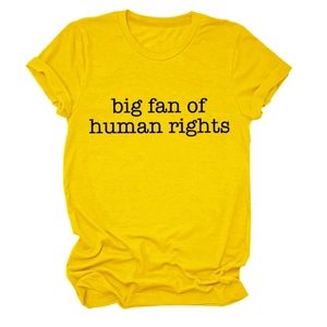 Detail of human rights slogan print on yellow cotton crewneck short sleeve t-shirt