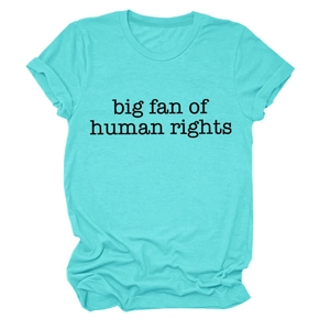 Detail showing rolled cuffs and cotton fabric on a turquoise human rights slogan t-shirt