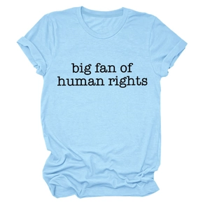 Detail of light blue crewneck T-shirt with black big fan of human rights print