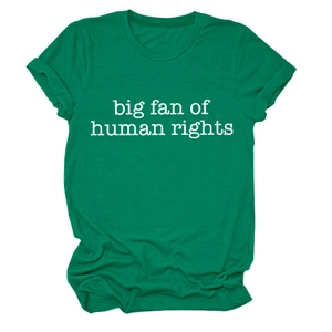 Detail of emerald green cotton T-shirt featuring big fan of human rights white text print