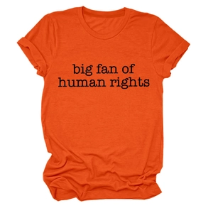 Detail of orange cotton T-shirt featuring 'big fan of human rights' print and rolled sleeves