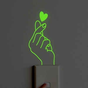 Luminous green glow-in-the-dark heart gesture wall sticker for light switch decor