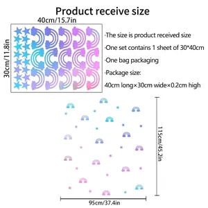 Detailed size chart for luminous rainbow and star wall stickers showing layout and dimensions