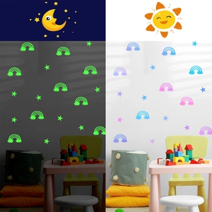 Luminous rainbow and star wall stickers showing day and night fluorescent glowing effects