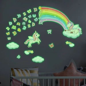 Glow in the dark unicorn and rainbow wall decals for children's bedroom decoration
