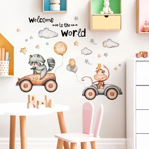 Cartoon Animal Car Wall Sticker With Welcome To The World Quote Clouds Stars DIY PVC Nursery Wall Decal For Kids Room