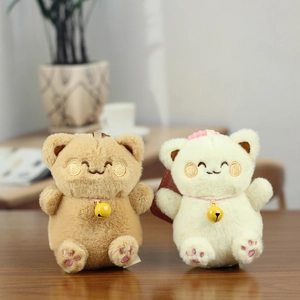 Cute plush lucky cat keychain set with soft fur and golden bells for bags