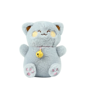 Cute light blue plush lucky cat keychain with yellow bell and soft faux fur texture