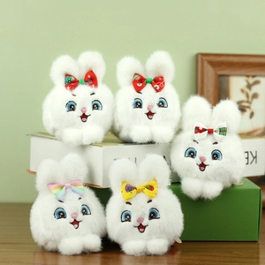 Lindo Llavero de Conejo de Peluche Blanco Colgante Suave Animal de Peluche Juguete Bolsa Ornamento Con Lazo para Niñas Niños
