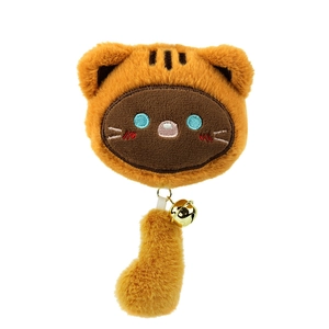Cute orange plush cat keychain with golden bell and long tail for bag charm decoration