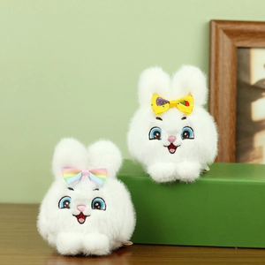 Lindo set de colgantes de cabeza de conejo de peluche blanco con lazos de colores