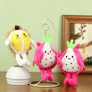 Porte-clés en peluche mignons dragon fruit et durian avec des expressions de dessins