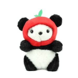 Cute panda plush keychain wearing a red apple hoodie on a clean white background