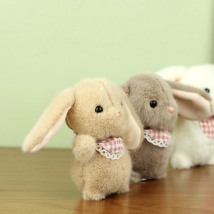 Cute plush rabbit keychain set in brown grey and white with stylish lace bibs