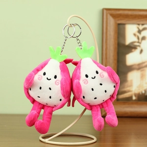 Détail de porte-clés peluche fruit du dragon avec visages souriants sur support