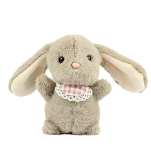 Cute plush bunny pendant with long ears and red checkered lace bib on white background