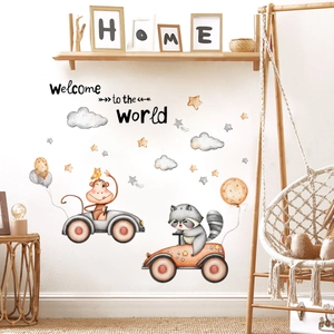 Cartoon animal car wall stickers with Welcome to the World text for nursery decor